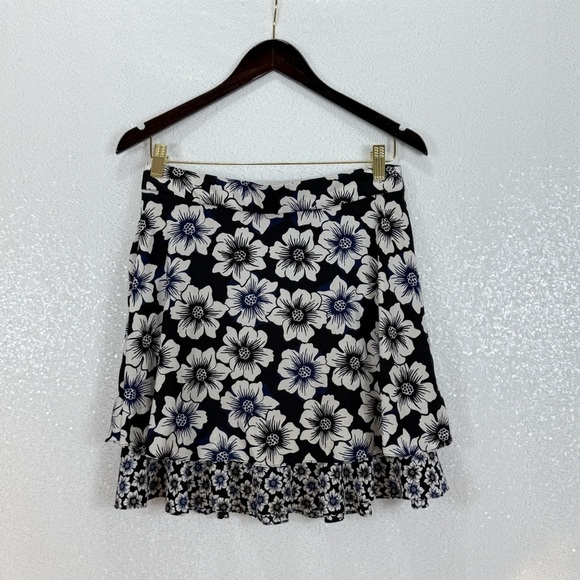 Kate Spade Hollyhock Double Layer Silk Blend Black and White/ Blue Mini Skirt - Picture 3 of 14